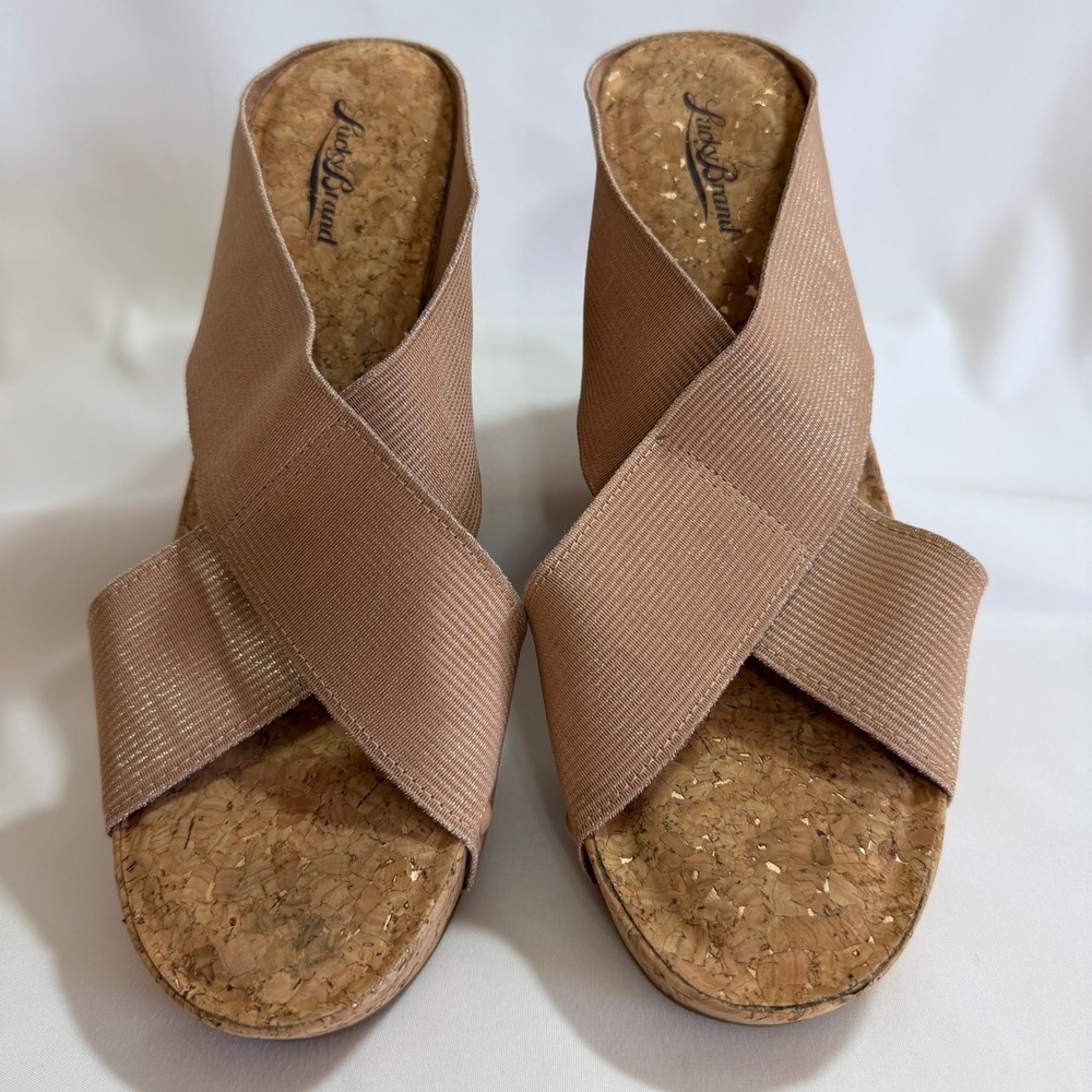 Lucky Brand Miller Shimmer Rose Gold Elastic Criss Cross Cork Wedge Sandals 11
